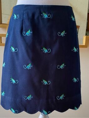 LILLY PULITZER Vintage Embroidered Monkey Skirt Navy Blue Scalloped Hem sz 2